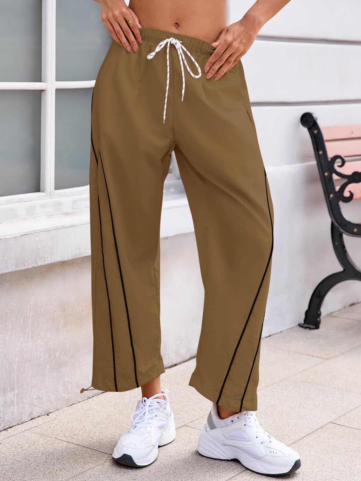 Fisoew Womens Baggy Wide Leg Pants Casual Elastic Waist Drawstring Hiking Workout Cropped Pants with Pockets