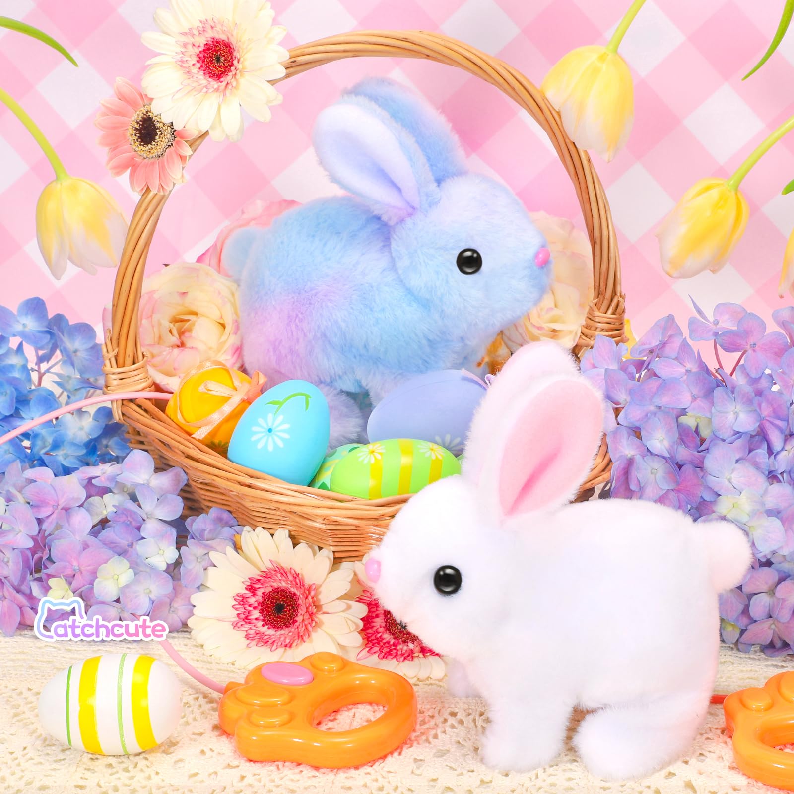 CatchCute Easter Plush Bunny Toys for Kids,Interactive Bunny with Sounds,Can Walk,Wag Tail and Twitch Nose with Remote Control Leash,Easter Eggs with Pull Back Cars,Easter Birthday Gift for Toddlers