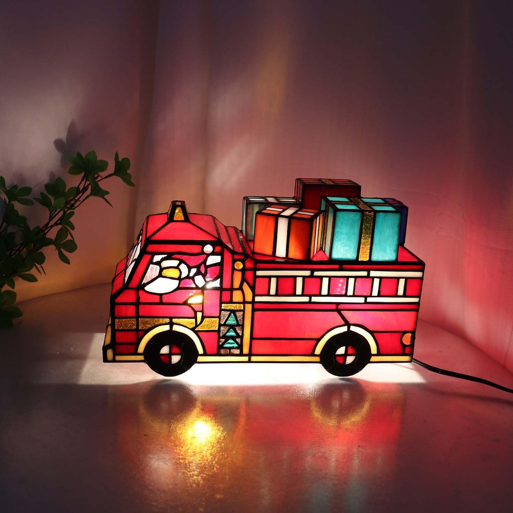 Bieye L12009 Tiffany Style Stained Glass Christmas Fire Truck Table Lamp with Santa, Reindeer, and Gifts, Handmade Holiday Decoration, 12" Wide