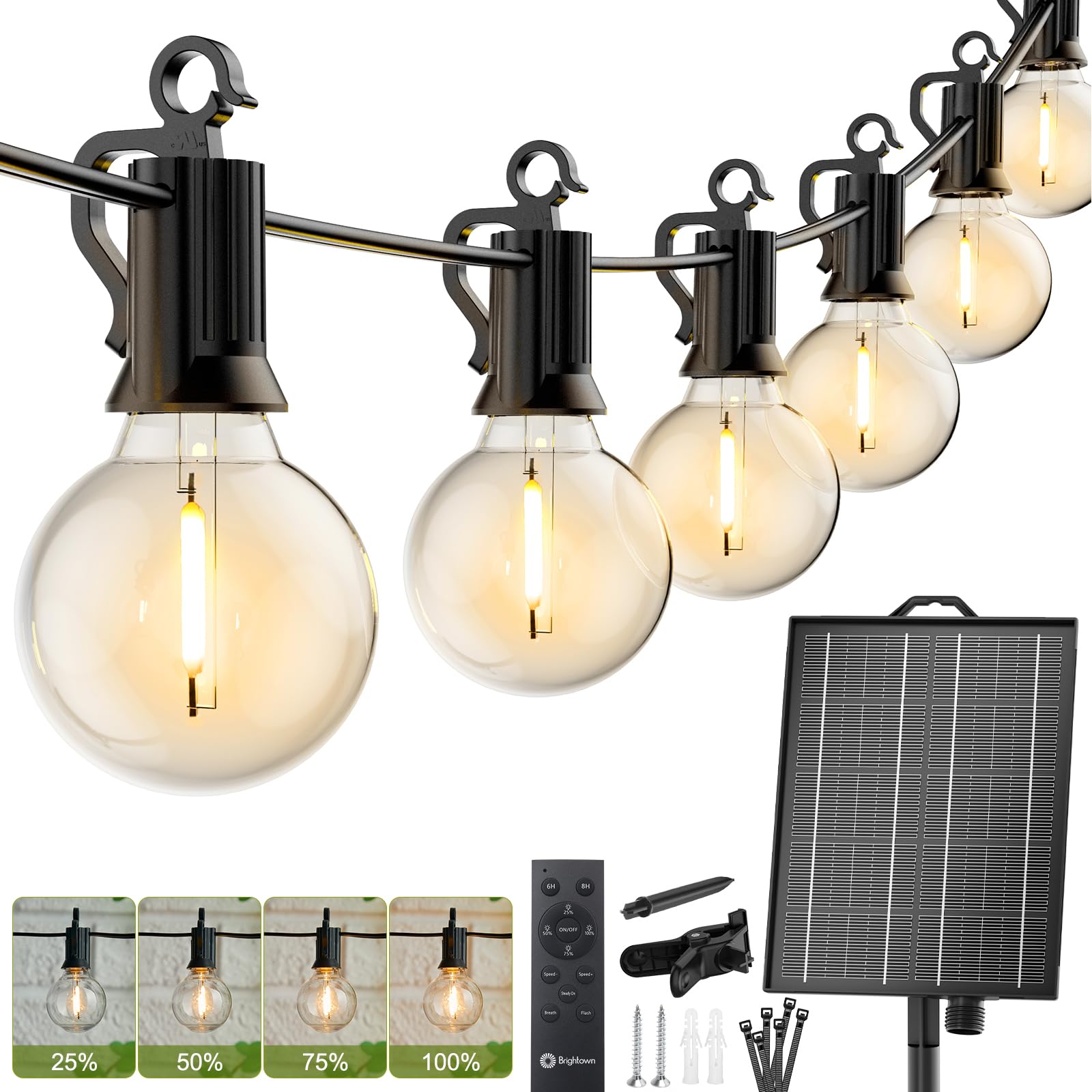 Brightown 58FT Solar String Lights Outdoor with Remote Cable Ties Hooks, 26 LED Shatterproof Bulbs, 3 Light Modes, Dimmer & Timer, Commercial Grade Patio Lights for Yard Balcony Pergola Party Decor