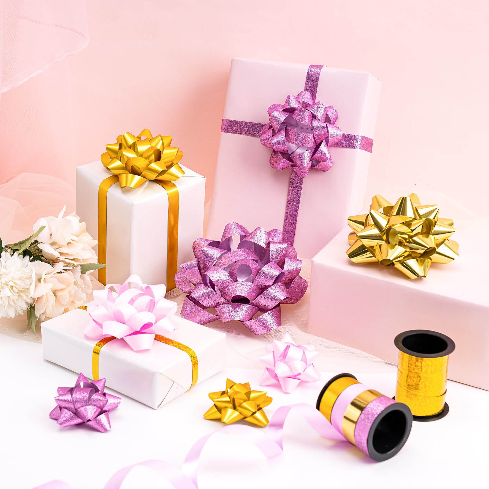 WRAPAHOLIC 14 Pcs Gift Bows Assortment - 12 Multi Colored Assorted Size Gift Bows (Purple, Pink, White, Rose Gold, Silver) and 2 Crimped Curling Ribbons, Perfect for Christmas, Holiday, Party