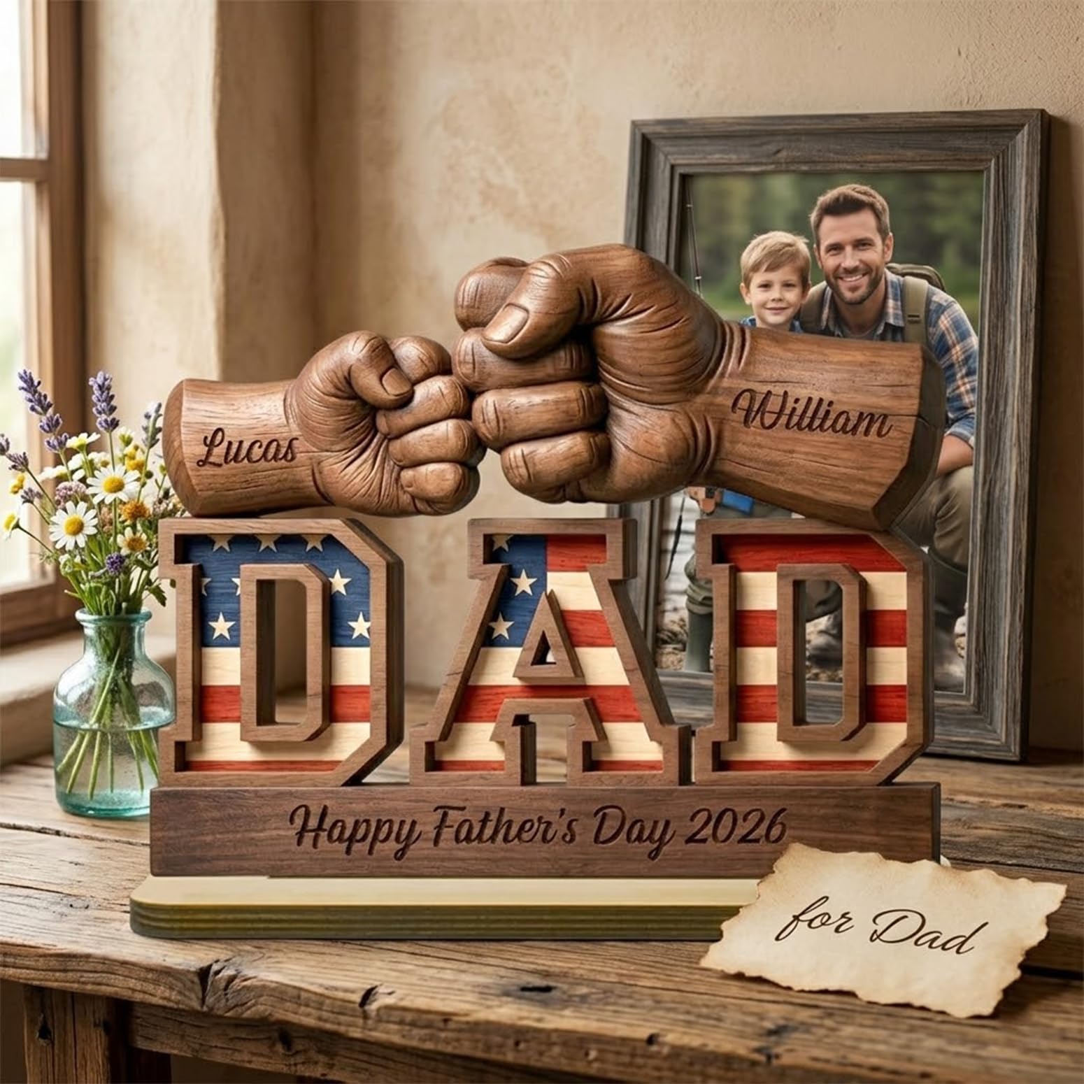 Personalized Fist Bump Dad and Kids Name Wooden Plaque, Custom Fathers Day Plaque for Dad Grandpa, Customized Sign Decorations for Daddy, Grandpa, Heartfelt Father's Day Birthday Gifts for Husband