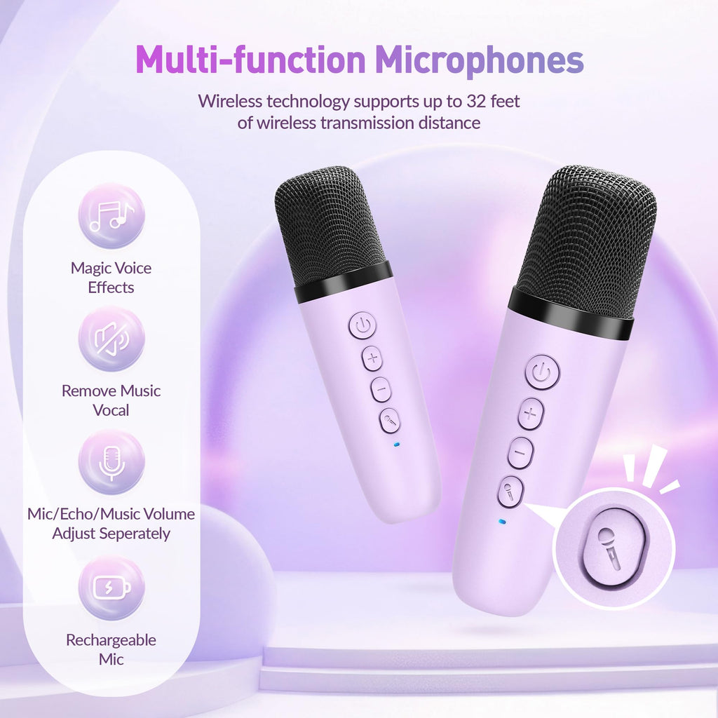Mini Karaoke Machine, Portable Bluetooth Karaoke Speaker with 2 Wireless Microphones and Party Lights for Kids and Adults, Birthday Gifts for Girls Boys Family Home Party