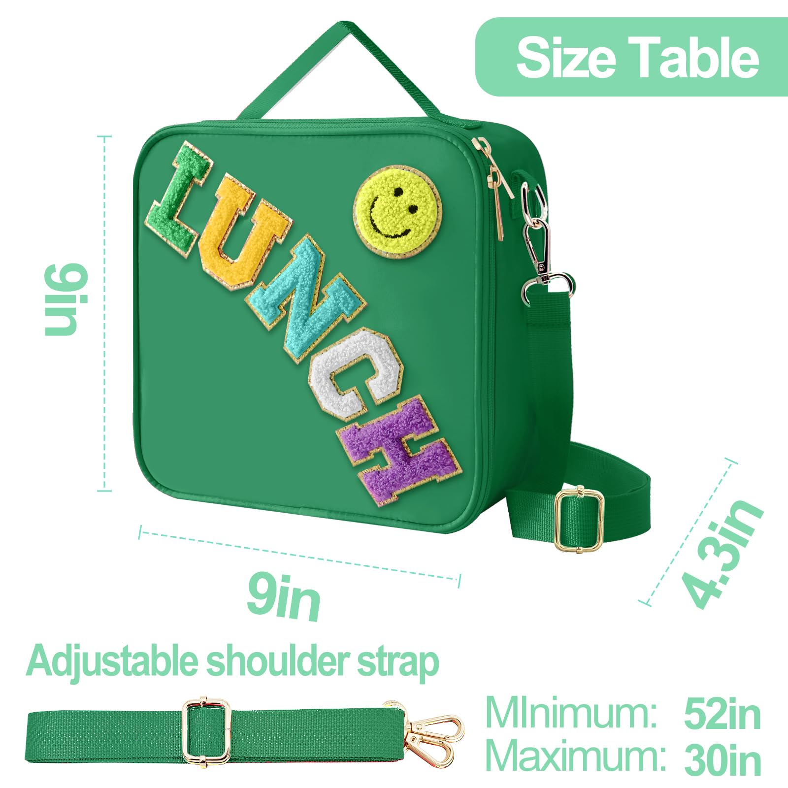 Insulated Lunch Bag With Adjustable Shoulder Strap, Nylon Preppy Lunch Box Large Insulated Lunch Bag Reusable Lunch Tote Bag with Smiley Preppy LunchBag for Girls School Travel Picnic (Purple)