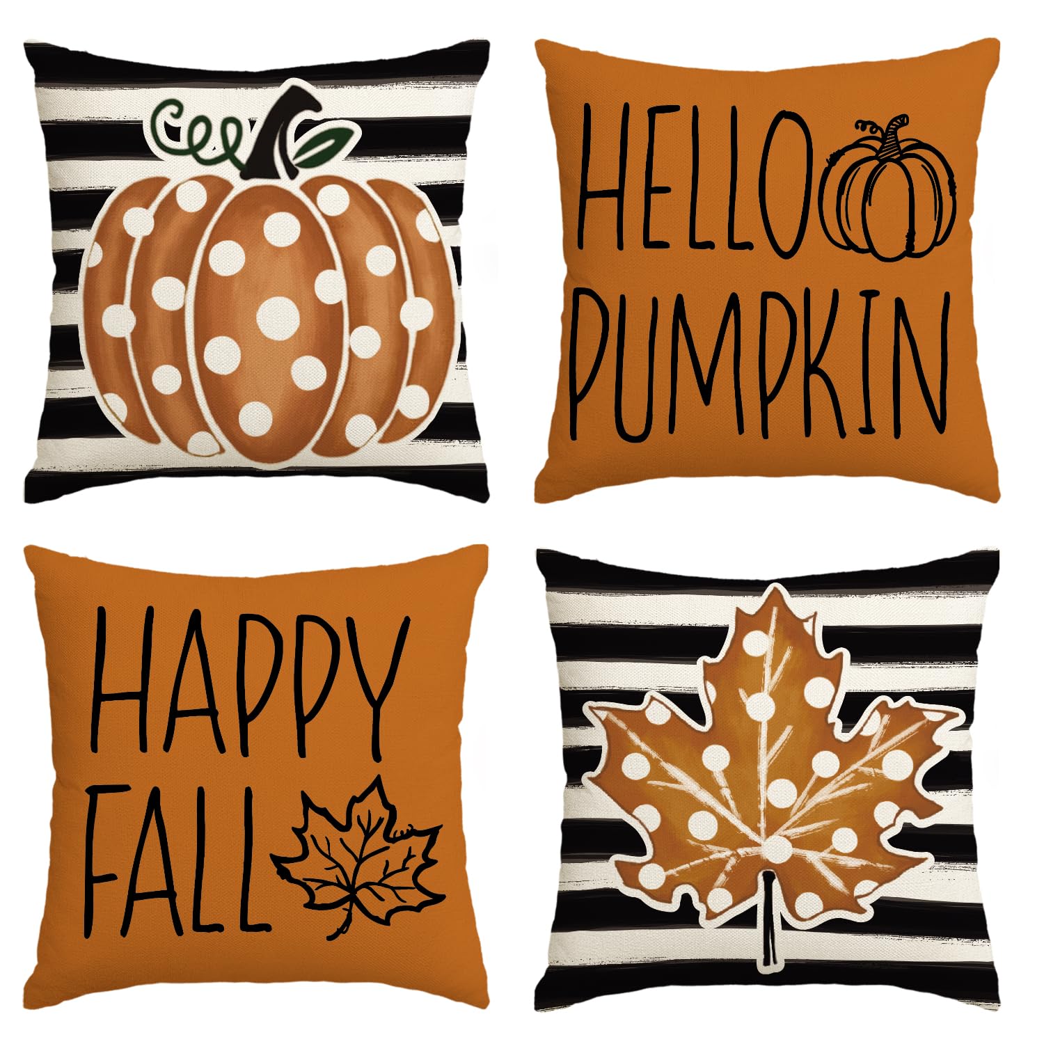 AVOIN colorlife Happy Fall Hello Pumpkin Throw Pillow Covers, 18 x 18 Inch Autumn Thanksgiving Harvest Polka Dot Maple Leaf Decorations for Sofa Couch Set of 4