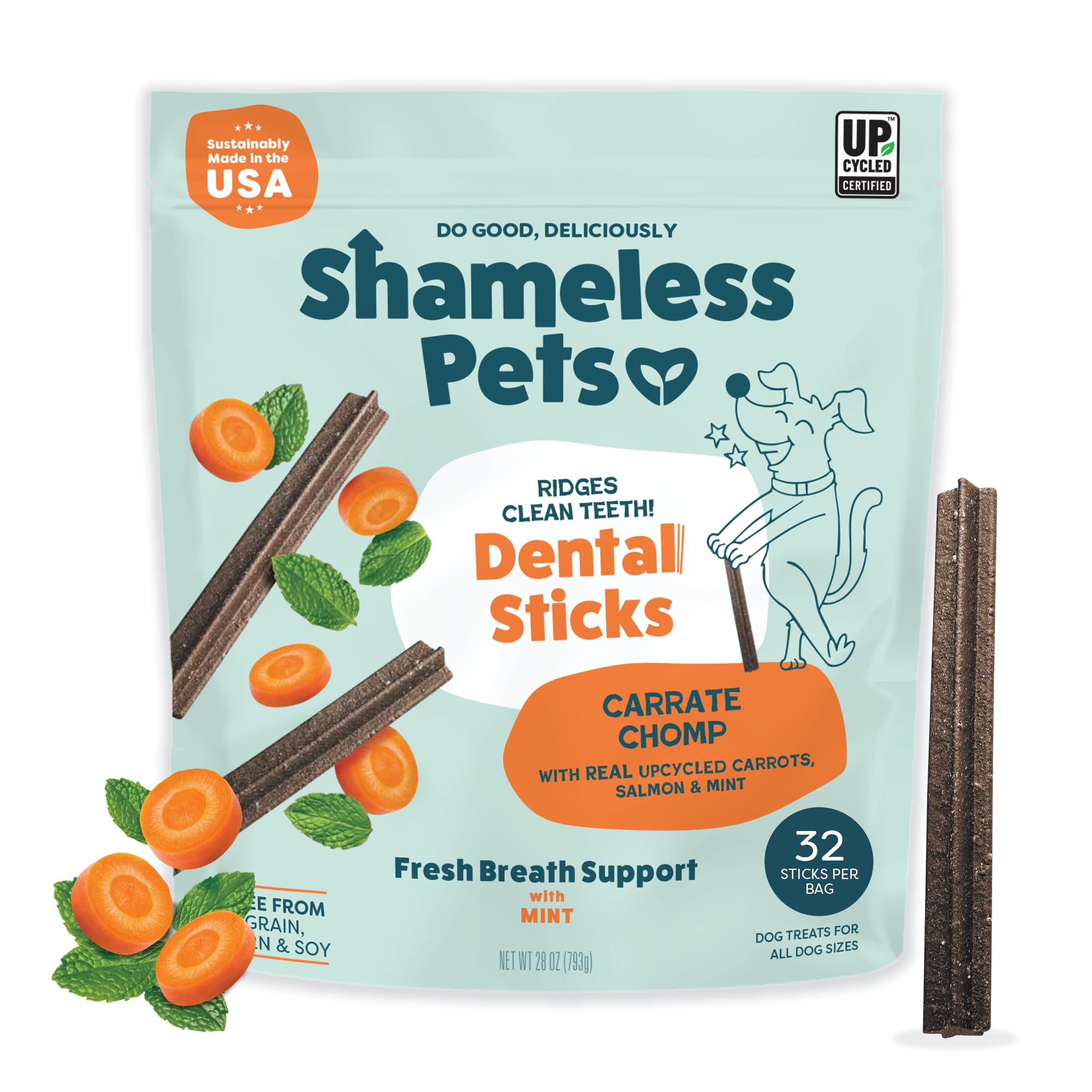 Shameless Pets Blueberry & Mint Dental Chews for Dogs, 8 Chews - Natural Dog Teeth Cleaning Treats with Fresh Breath Benefits | Grain-Free Dental Sticks for Small, Medium & Large Dogs