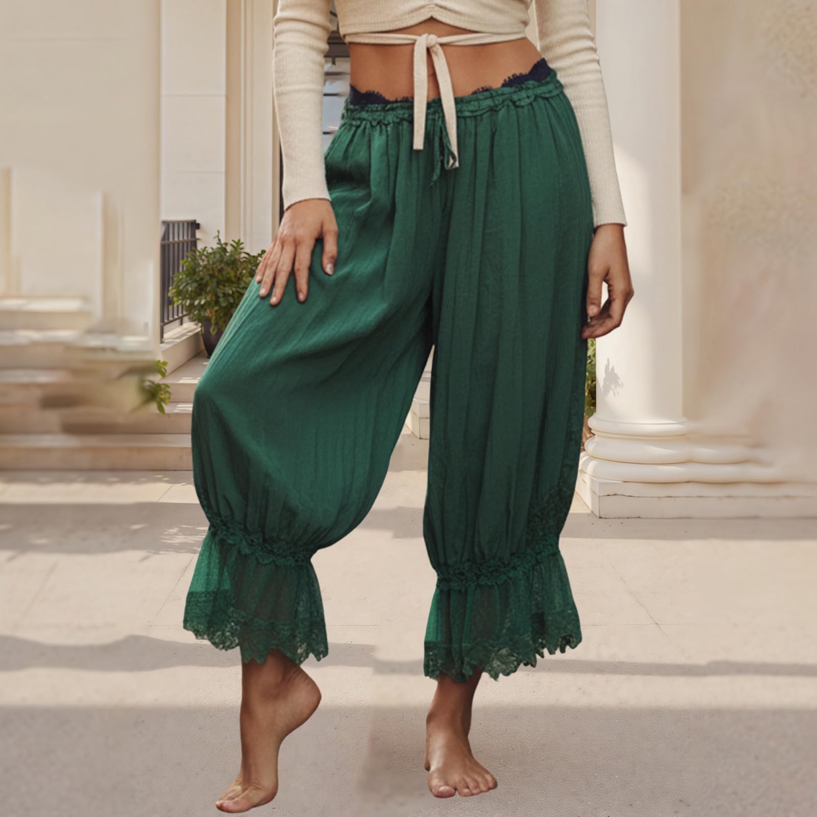 Women Bloomers Pants Y2K Flare Lace Trim Vintage Pantaloons Cute Ruffled Pumpkin Pants Capri Pajama Bottoms