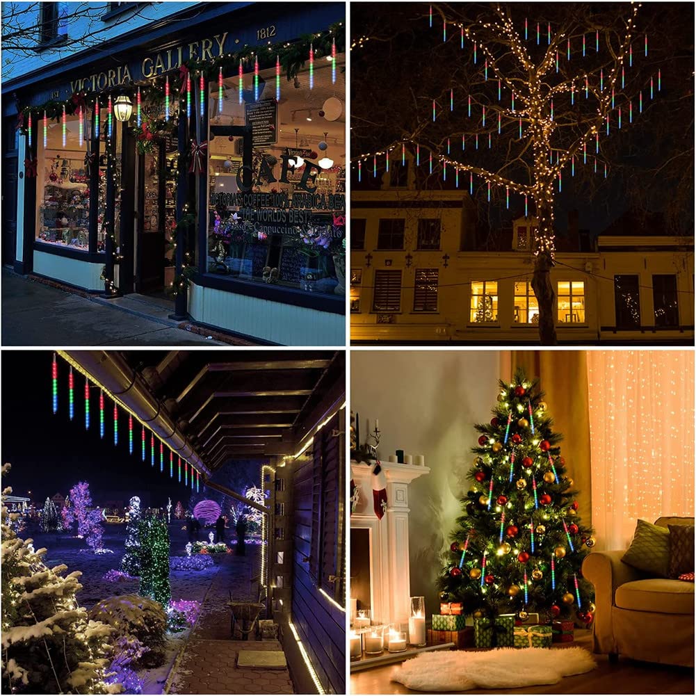 Weepong Halloween Lights Outdoor, Meteor Shower Christmas Lights for Halloween Decorations, 8 Tube 192 LED Snow Falling Rain Icicle String Light for Xmas Christmas Decor Tree Party, UL Plug Green