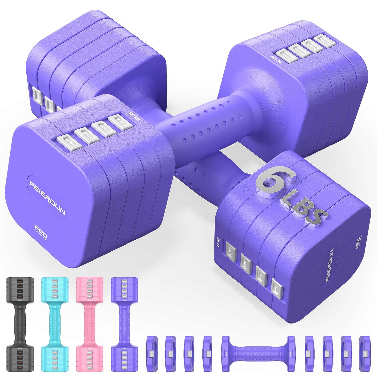 FEIERDUN DB3 5-in-1 Adjustable Dumbbell Set, 6LB/10LB Pair Adjustable Weights for Women at Home, Dual Locking Stable Hand Weights with TPU Soft Handle, Home Gym, Rehab, Pilates, Yoga, Strength Training