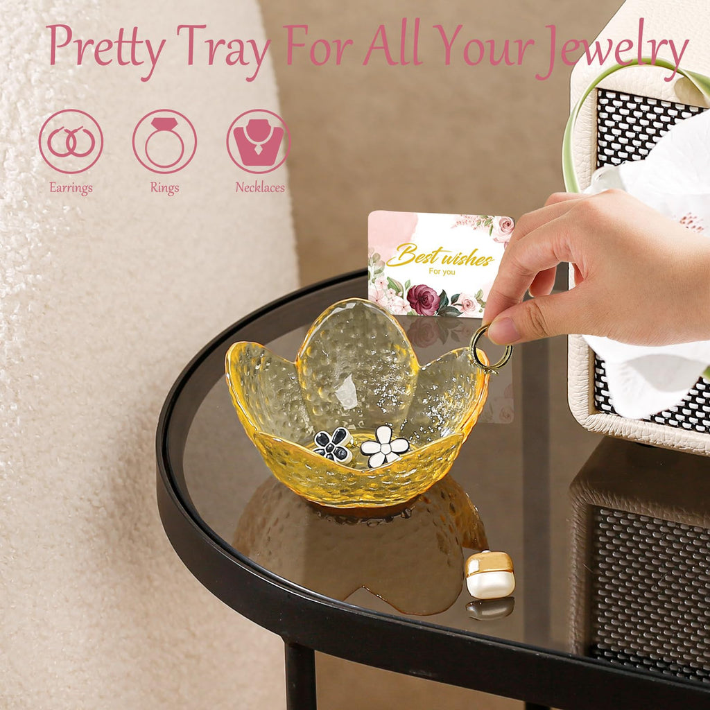 Purple Flower Jewelry Dish Glass Ring Holder Dish Jewelry Tray Cute Vanity Organizer Aesthetic Nightstand Bathroom Room Decor Trinket Dish Mothers Day Friendship Christmas Birthday Gifts for Women