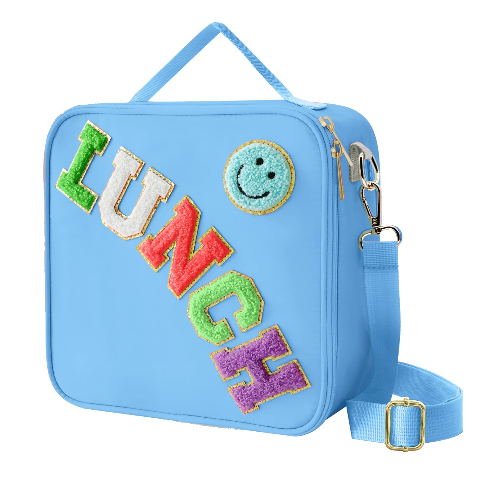 Insulated Lunch Bag With Adjustable Shoulder Strap, Nylon Preppy Lunch Box Large Insulated Lunch Bag Reusable Lunch Tote Bag with Smiley Preppy LunchBag for Girls School Travel Picnic (Purple)