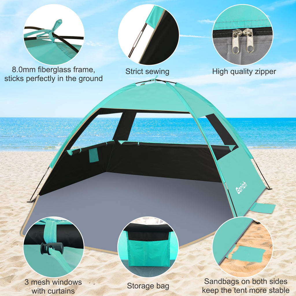 Gorich Beach Tent Sun Shelter for 3/4/6/8/10 Person with UPF 50＋ UV Protection, Lightweight & Easy Setup Beach Shade Canopy, Portable Beach Shade Tent Beach Cabana