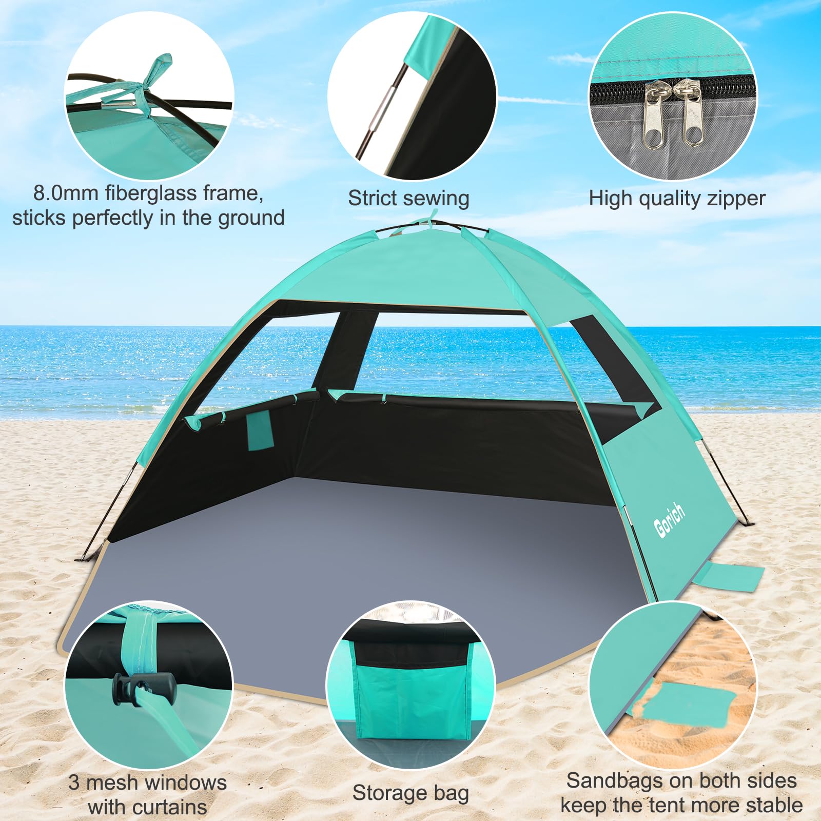 Gorich Beach Tent Sun Shelter for 3/4/6/8/10 Person with UPF 50＋ UV Protection, Lightweight & Easy Setup Beach Shade Canopy, Portable Beach Shade Tent Beach Cabana