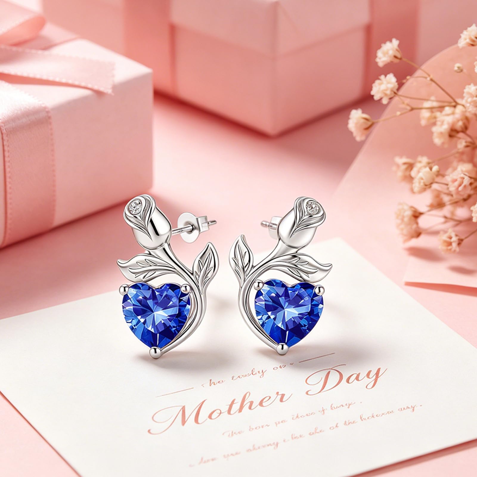 0.8CT Rose Heart Earrings Option of Sapphire Moissanite Stud Earrings Lab-Grown Earrings Birthstone Earrings for Women S925 Sterling Silver Post D Color VVS1 Clarity Ideal Gift for Wife Mother for Birthday Anniversary Mothers Day Gift for Mom Conveying I