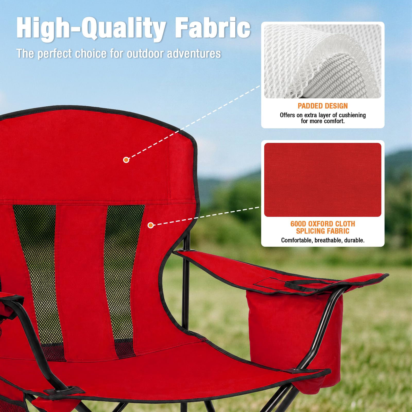 Camping Chairs for Adults 2 Pack, Folding Chair with 4-Can Cooler Bag & Cup Holder, Portable Heavy Duty Outdoor Chair with Mesh Back for Camping, Beach, Lawn, Fishing, Blue