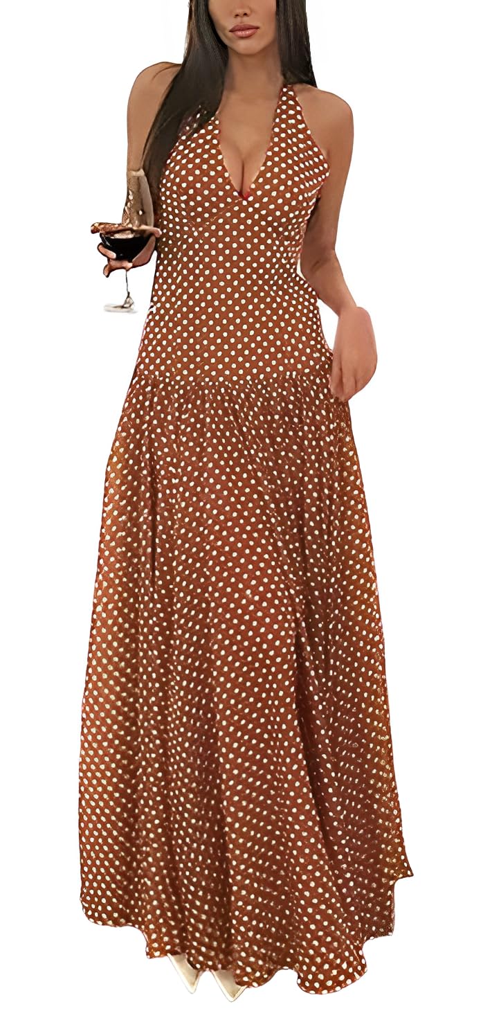 Women's Polka Dot Maxi Dress Halter Neck Sleeveless Drop Waist Flowy Summer Wedding Beach Sundress