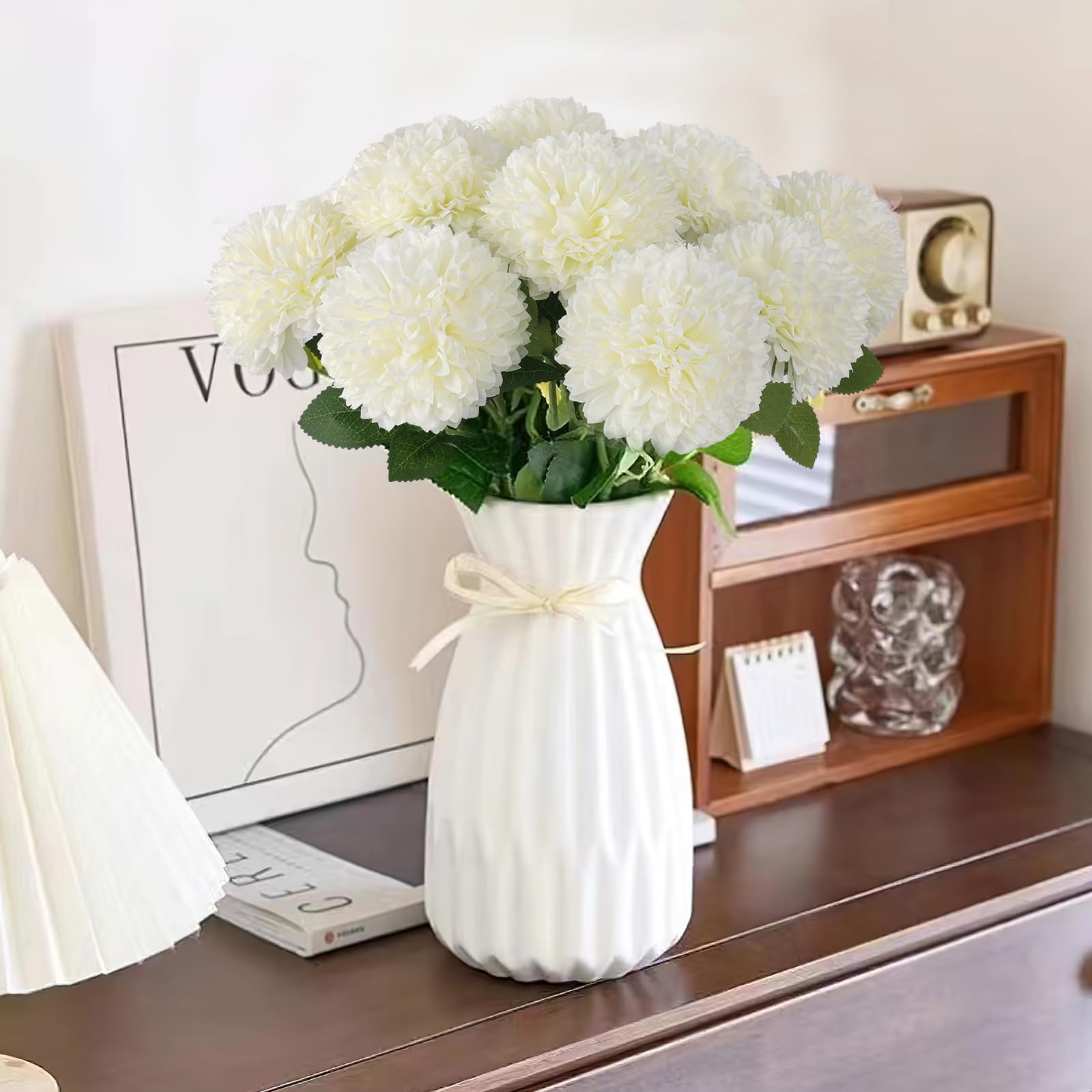 Hananona 12 Pcs Artificial Chrysanthemums Flowers Patriotic Flower, 4th of July Fake Mums Flowers Silk for Home Decor Indoor Memorial Day Table Centerpiece Vase not Included (12, Red, White, Blue)