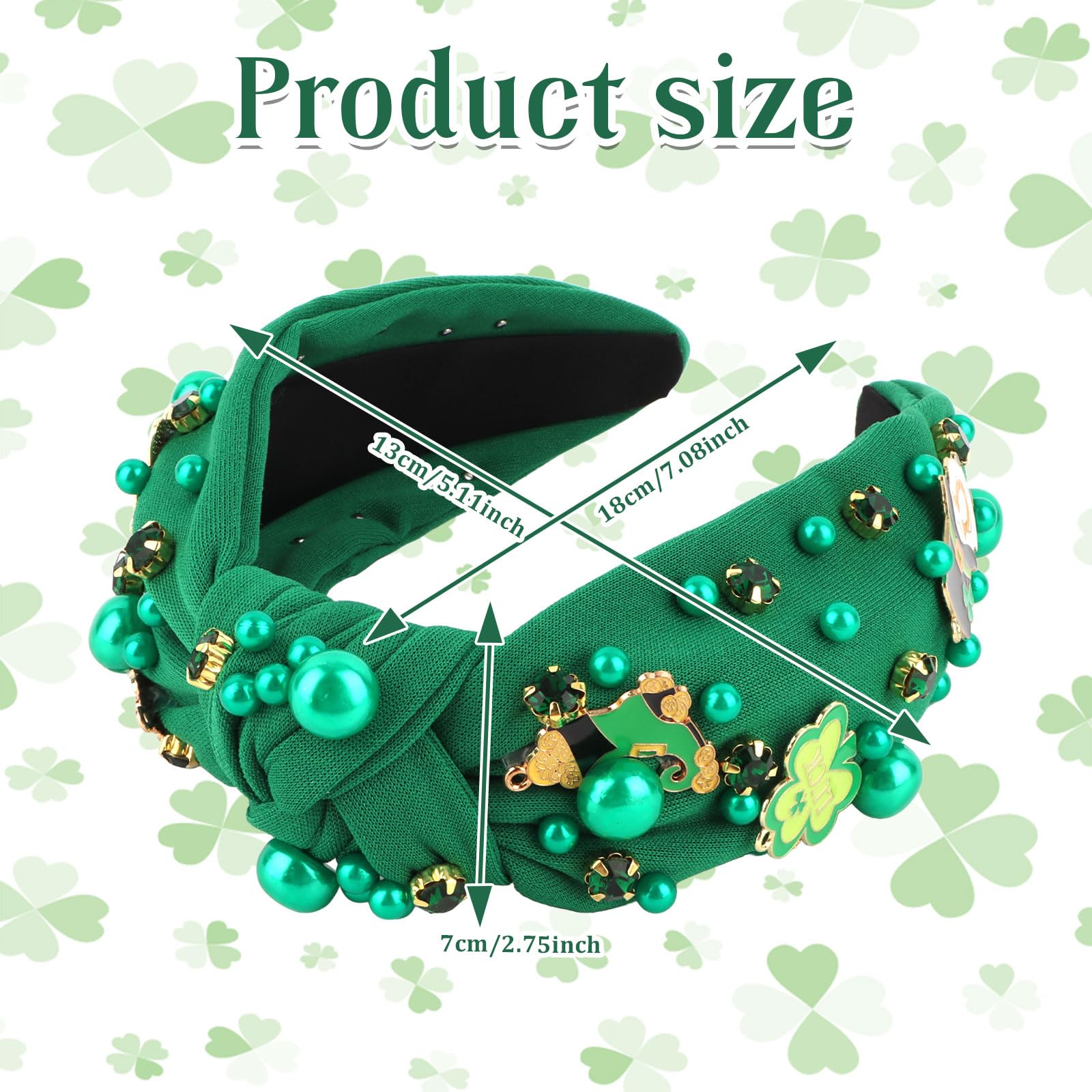 AMCAMI St.Patrick's Day Headband for Women,1Pcs Green Shamrock Embellished Rhinestone Knotted Headband,Wide Hairband with Leprechaun Boots Hats,St. Patrick's Day Party Gifts