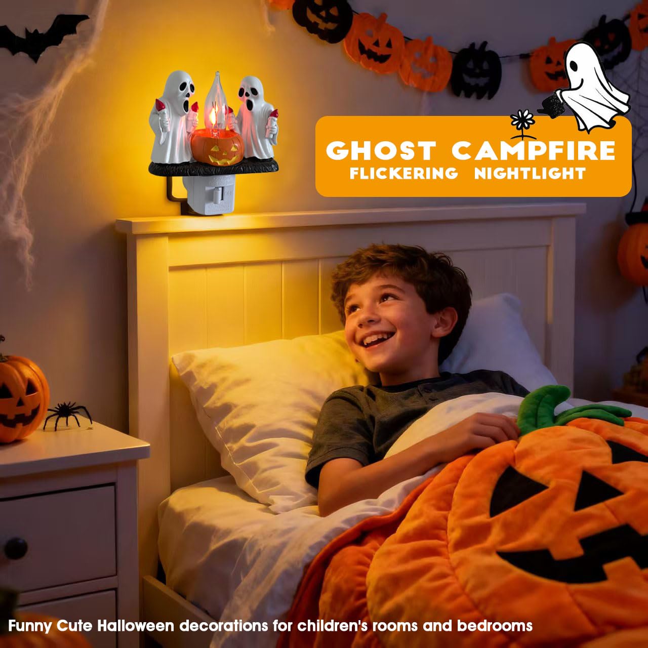 Ghost Campfire Nightlight,Halloween Campfire Flickering Night Light,3D Spooky Fire Marshmallow Night Light for Halloween Decor (Cute Ghost)