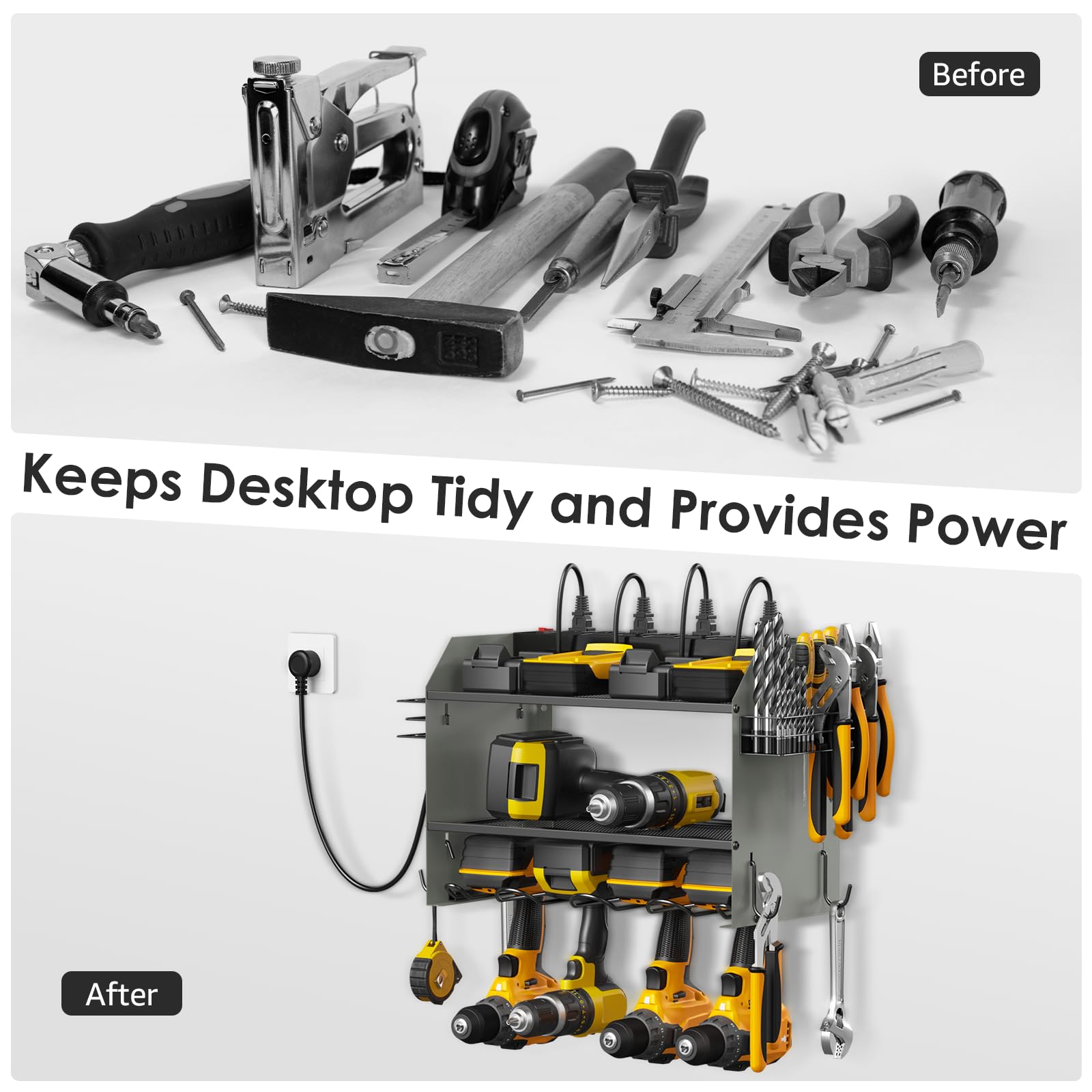 CCCEI Modular Power Tool Organizer Wall Mount with Charging Station. Garage Drill Storage Shelf with Hooks, Heavy Duty Rack, Tool Battery Holder Built in 8 Outlet. Gift for Men. Red, 1 Pack.