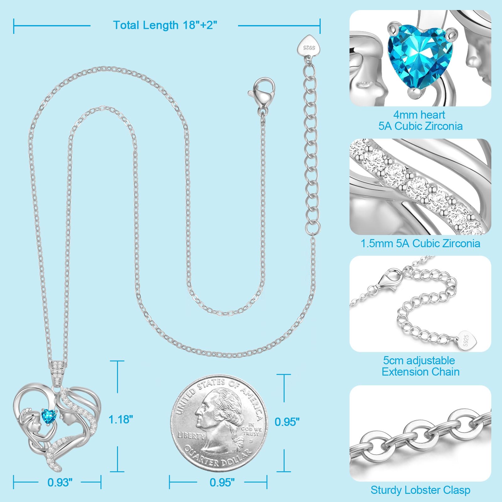Mothers Day Gifts for Mom Wife Her Grandma, S925 Sterling Silver Birthstone Necklaces Jewelry for Women, Mother's Day Love Heart Pendant Necklace for Anniversary Birthday Christmas Day