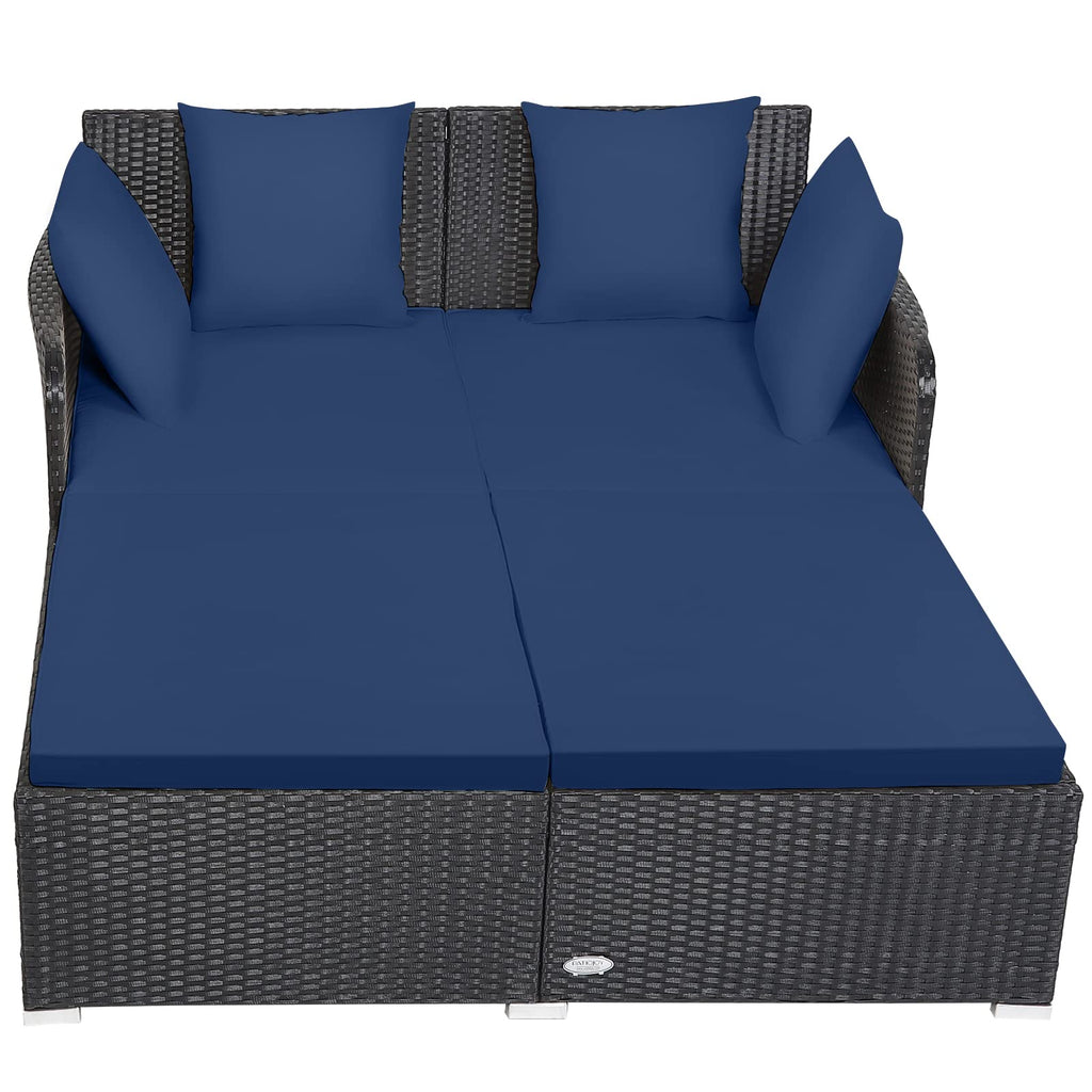 Tangkula Patio Rattan Daybed with Retractable Canopy, Outdoor Wicker Sunbed Lounger with 2 Foldable Side Tables, Thick Seat & Back Cushions, Outside Double Daybed for Garden, Backyard, Porch