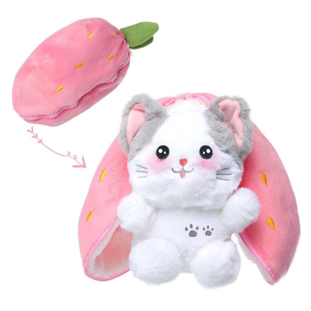 MIAODAM Bunny Stuffed Animal Reversible Cuddle Bunny Stuffed,Strawberry Bunny Transformed Rabbit Plush Zipper,Turns Into Ears Bunnies Plushies Toy Cute Stuffy Doll Easter