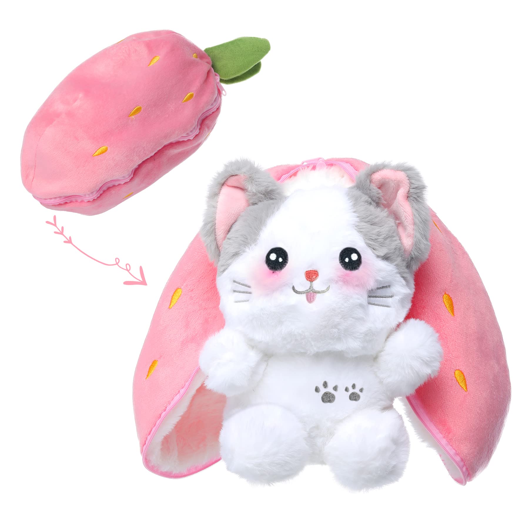 MIAODAM Bunny Stuffed Animal Reversible Cuddle Bunny Stuffed,Strawberry Bunny Transformed Rabbit Plush Zipper,Turns Into Ears Bunnies Plushies Toy Cute Stuffy Doll Easter
