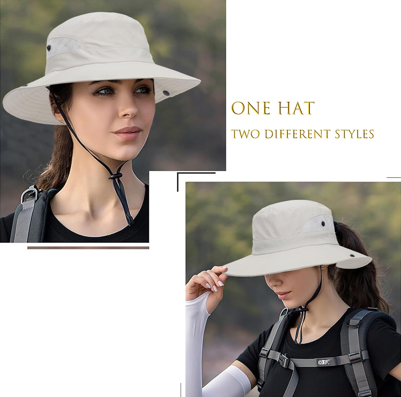 Womens Summer Sun Hat Beach Hat Wide Brim Outdoor UV Protection Hat Packable Mesh Bucket Hat with Ponytail Hole