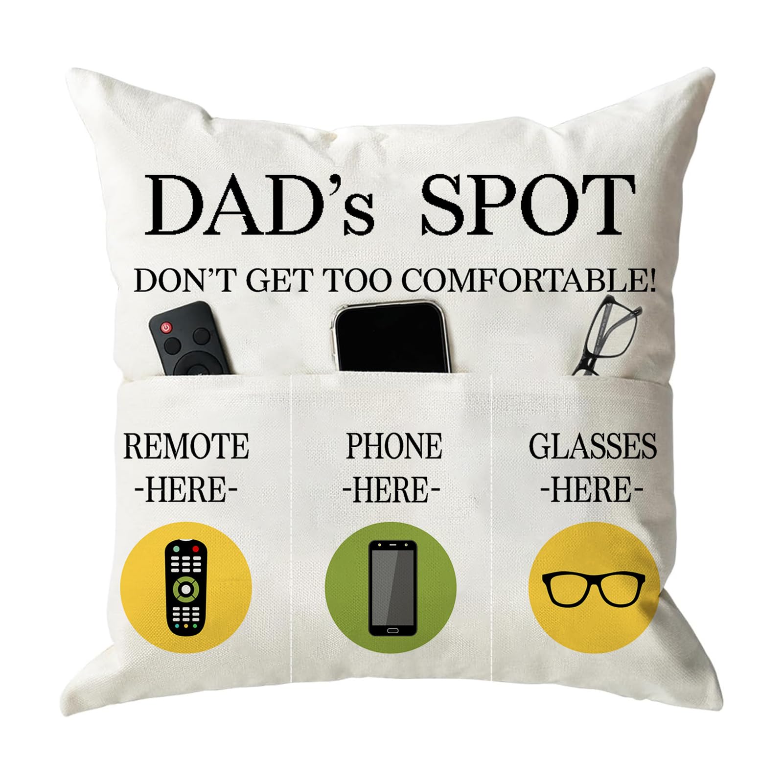 ONFAON Grandpa Gifts,Grandpa's Spot Throw Pillow Covers 18x18 Inch,Put Phone Glasses and Remote Control Pillowcase,Birthday Christmas Thanksgiving Day Gifts for Grandpa Stepdad,3-Pocket