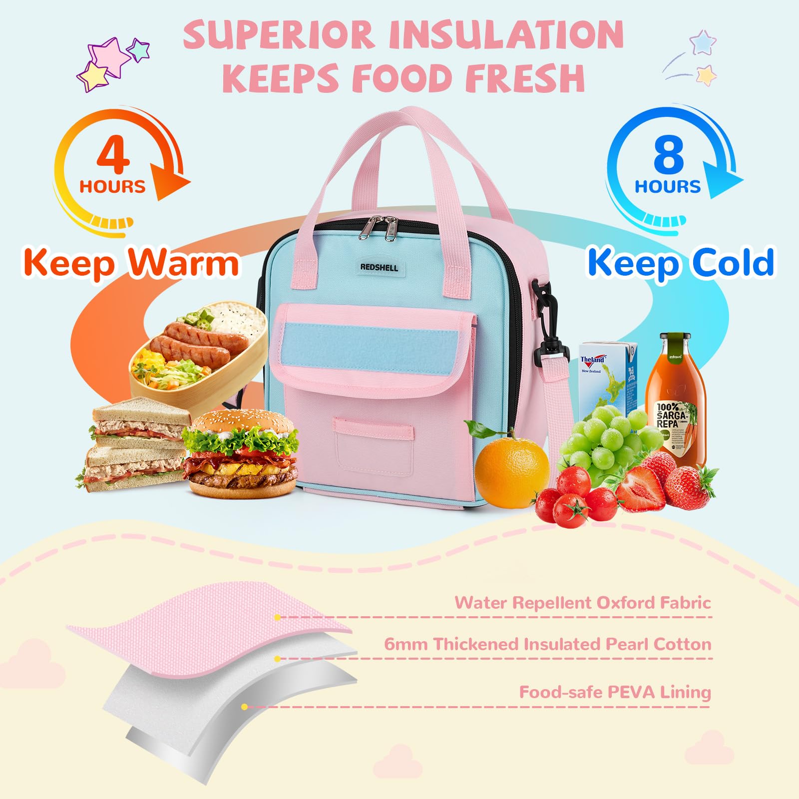 REDSHELL Tactical Lunch Box Kids, Large Insulated Lunch Bag for Girls, Cooler Lunchbag, Square Toddler Lunchbox, School Daycare Lunch Tote Pail with Water Bottle Holder Shoulder Strap, Purple