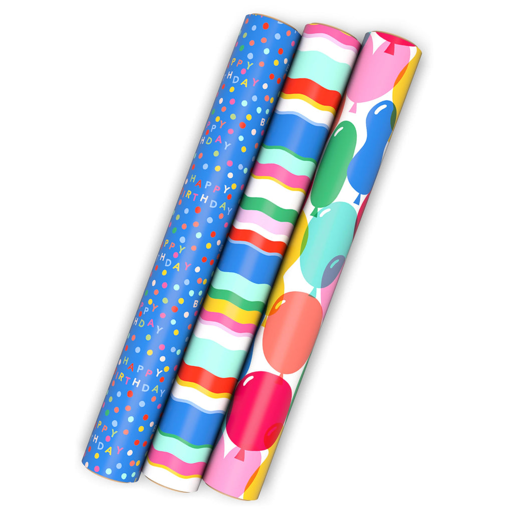 Hallmark All Occasion Wrapping Paper Bundle with Cut Lines on Reverse (Pack of 6; 180 sq. ft. ttl.) Solids, Polka Dots & Stripes for Birthdays, Easter, Mothers Day, Weddings, Baby Showers (5JXW1746)