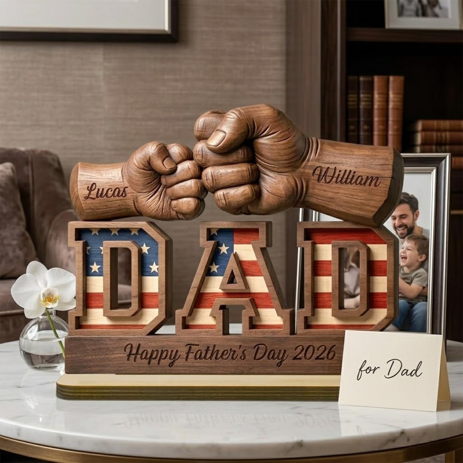 Personalized Fist Bump Dad and Kids Name Wooden Plaque, Custom Fathers Day Plaque for Dad Grandpa, Customized Sign Decorations for Daddy, Grandpa, Heartfelt Father's Day Birthday Gifts for Husband