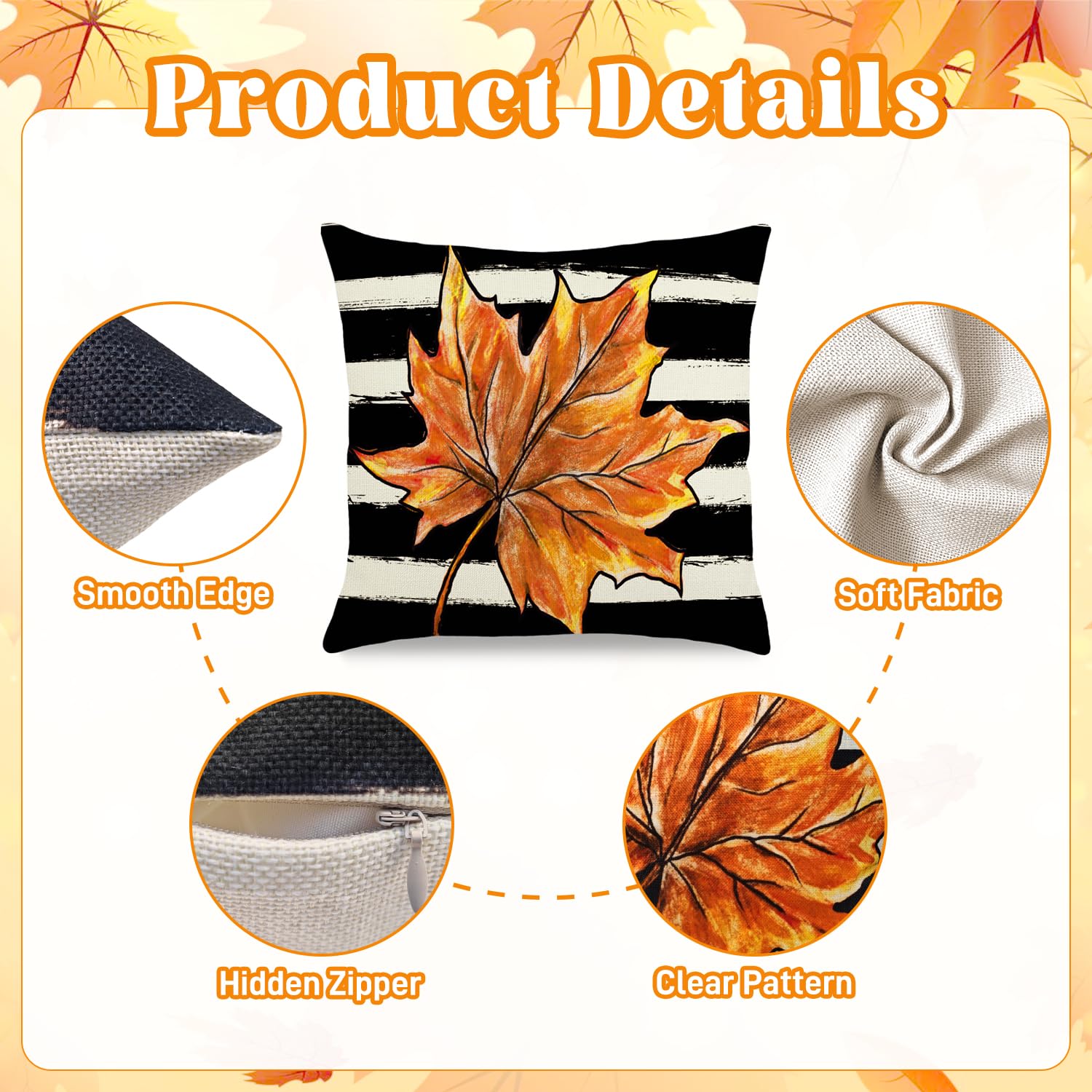 Fall Pillow Covers 18x18 Inch Autumn Pumpkin Maple Leaf Throw Pillowcase Orange Cushion Case for Thanksgiving Home Farmhouse Couch Sofa Bed Indoor Outdoor Decor (Set of 4)