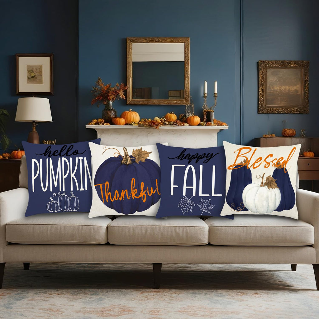 Fall Pillow Covers 18x18 Inch Autumn Pumpkin Maple Leaf Throw Pillowcase Orange Cushion Case for Thanksgiving Home Farmhouse Couch Sofa Bed Indoor Outdoor Decor (Set of 4)
