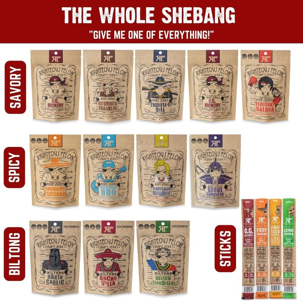 Righteous Felon Beef Jerky & Meat Sticks Variety Pack - Father's Day Jerky Sampler for Dad - Gluten Free Beef Jerky Snack Packs - High Protein, Keto, Low Sugar - Gifts for Men - 11 Pack Sampler
