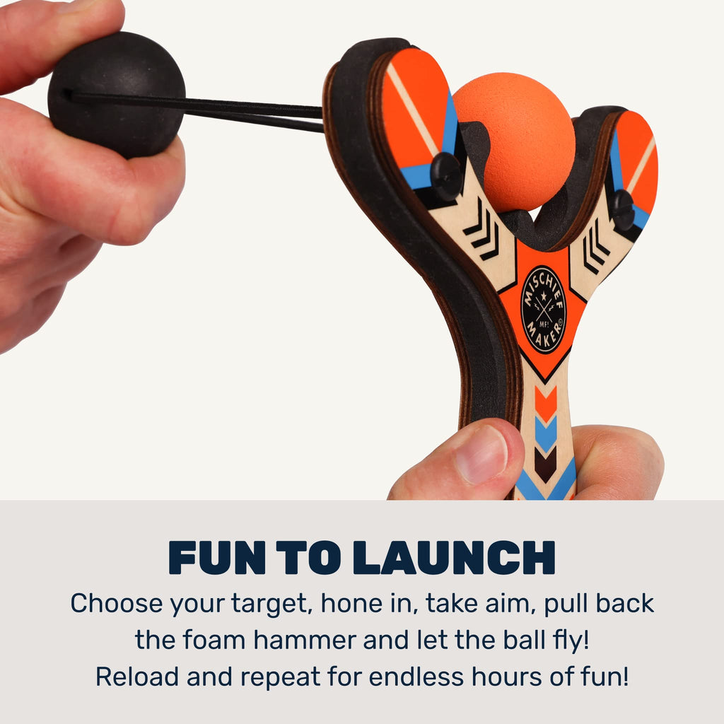 Mighty Fun! - Mischief Maker® Wooden Slingshot - Classic Series - Real Wood Slingshot for Kids, 4 Soft Foam Balls and Storage Bag - Ages 4+ (red)