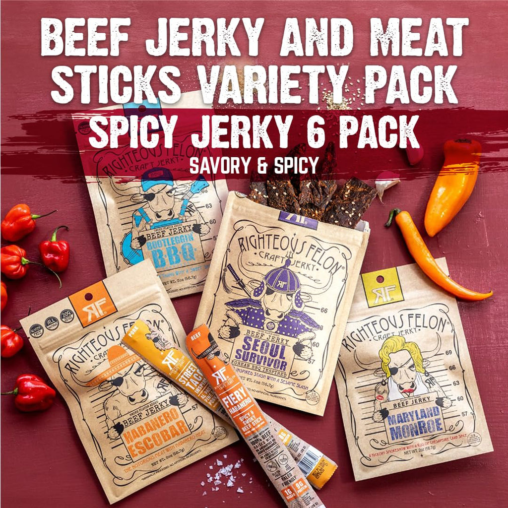 Righteous Felon Beef Jerky & Meat Sticks Variety Pack - Father's Day Jerky Sampler for Dad - Gluten Free Beef Jerky Snack Packs - High Protein, Keto, Low Sugar - Gifts for Men - 11 Pack Sampler