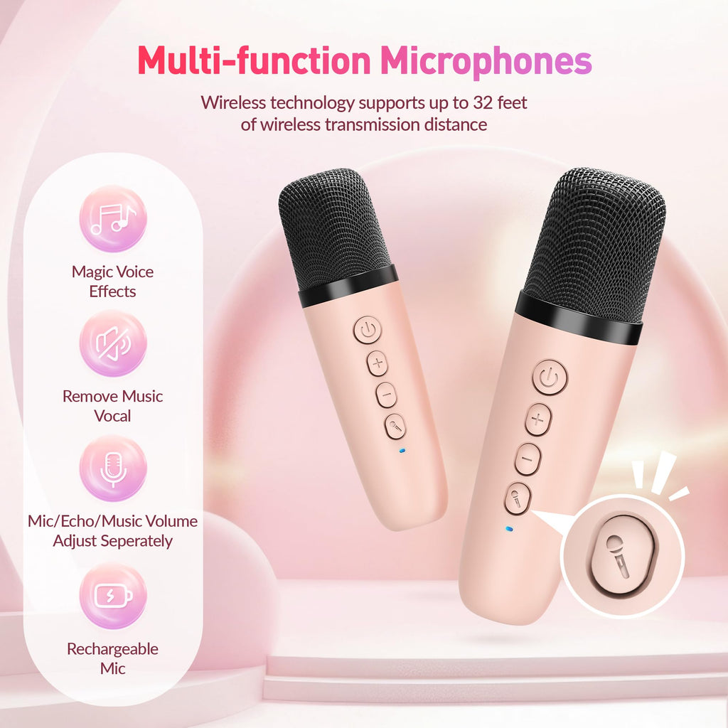 Mini Karaoke Machine, Portable Bluetooth Karaoke Speaker with 2 Wireless Microphones and Party Lights for Kids and Adults, Birthday Gifts for Girls Boys Family Home Party