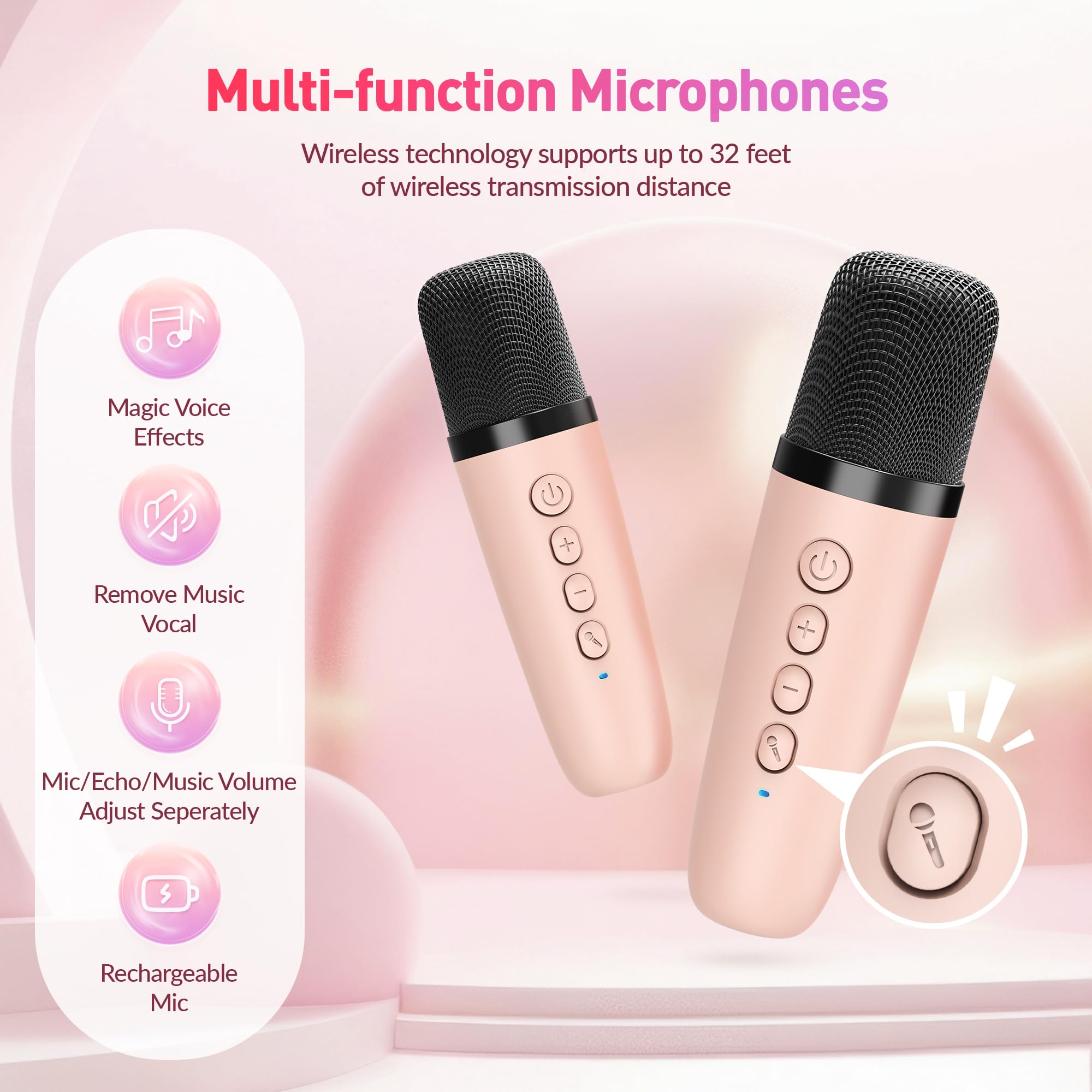 Mini Karaoke Machine, Portable Bluetooth Karaoke Speaker with 2 Wireless Microphones and Party Lights for Kids and Adults, Birthday Gifts for Girls Boys Family Home Party