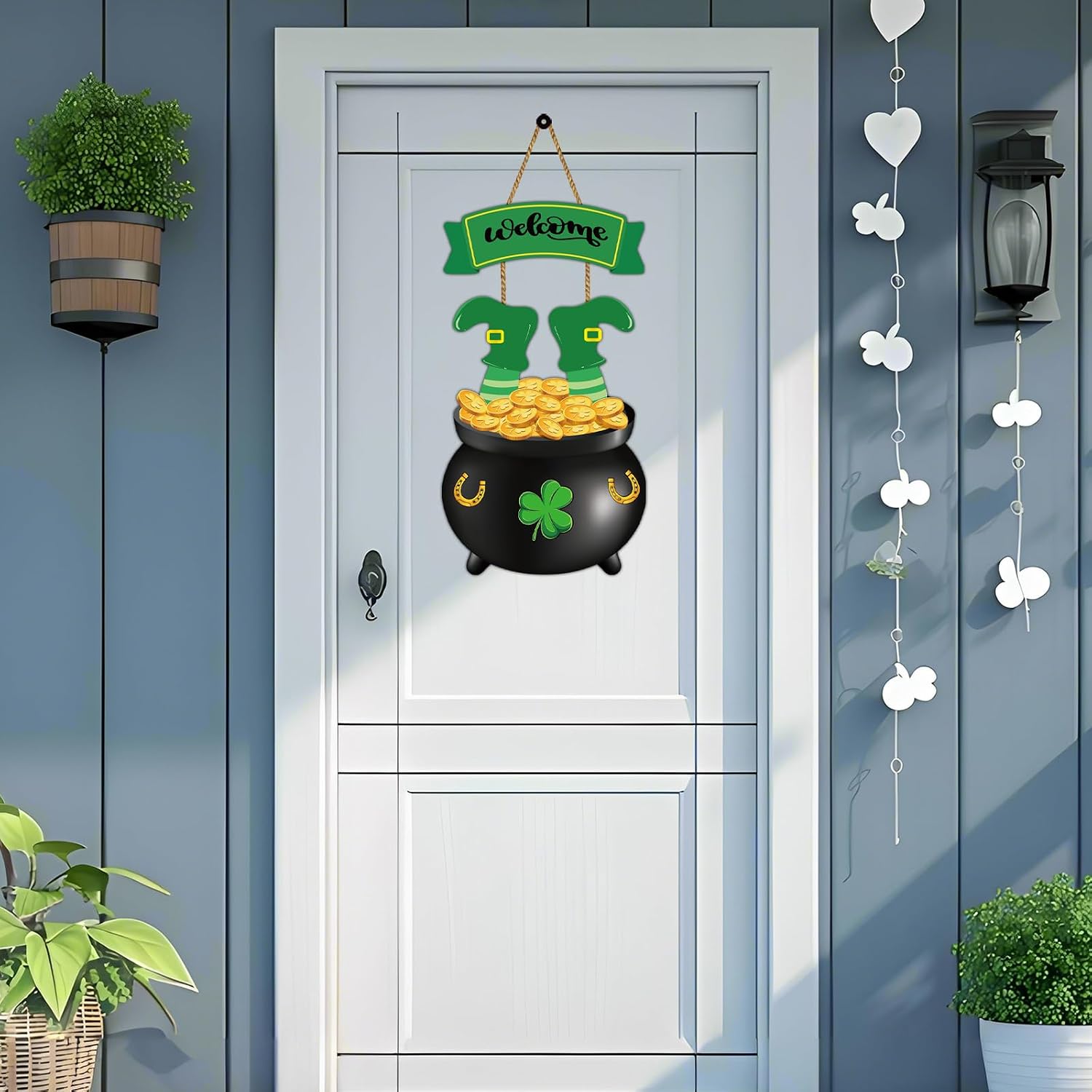 St Patricks Day Decorations St Patricks Day Wreath Door Decorations Wooden Wreaths for Front Door Hanger Gold Coin Jar Leprechaun Feet Welcome Sign Hanging Decor for Porch Wall Indoor Home Decor