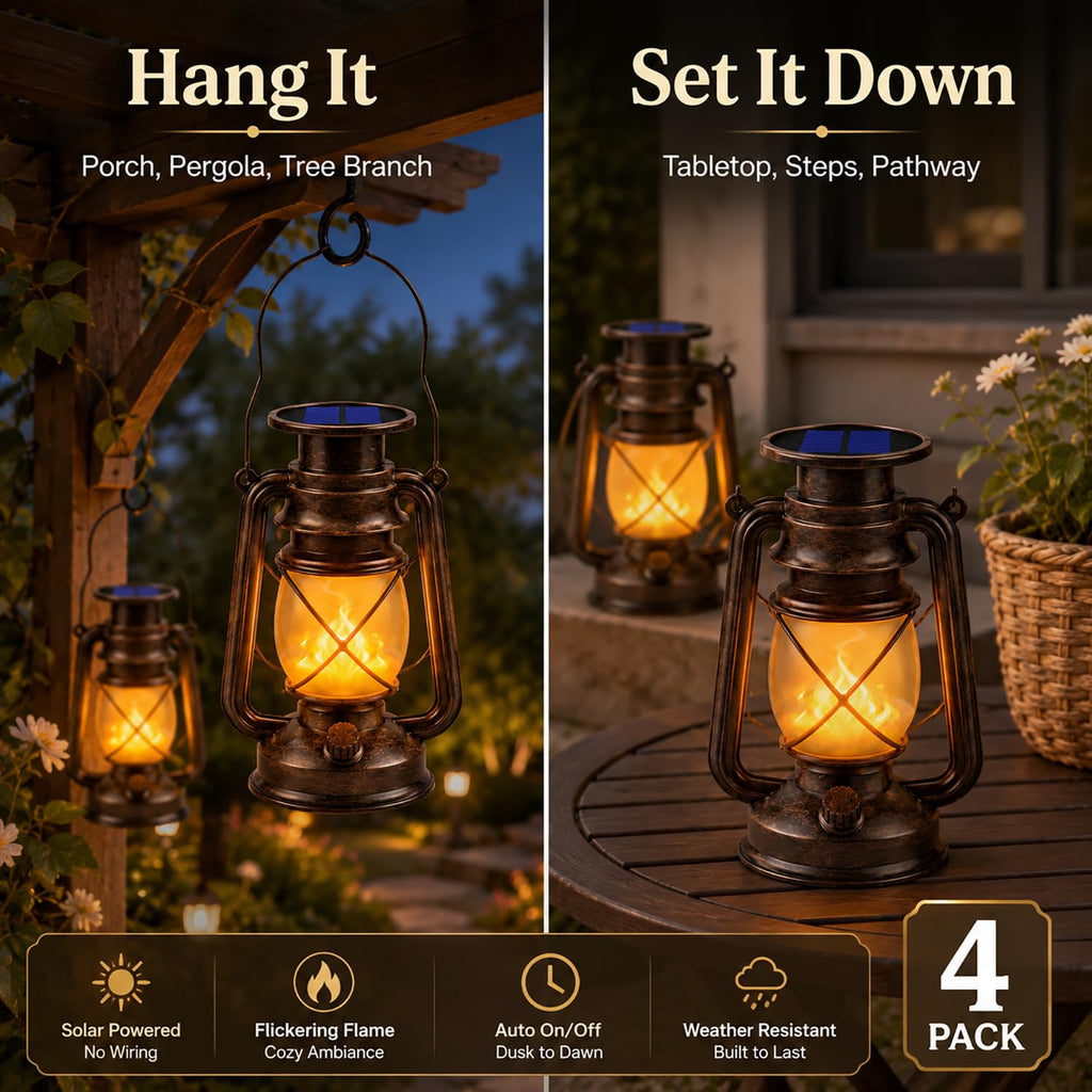 Solar Lantern Outdoor Hanging Solar Lights Dancing Flame Led Waterproof Camping Lamps, Landscape Decor for Table Patio Garden Yard Pathway Porch 2 Pack