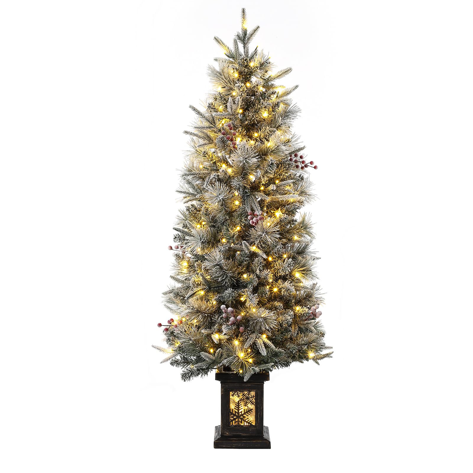 3FT Prelit Premium Snow Flocked Artificial Christmas Tree with Warm White LED, Mini Prelit Xmas Pine Tree for Christmas Decoration,Yard,Home,Office,Outdoor,Indoor,8 Mode Snowflake White Base- 1PC