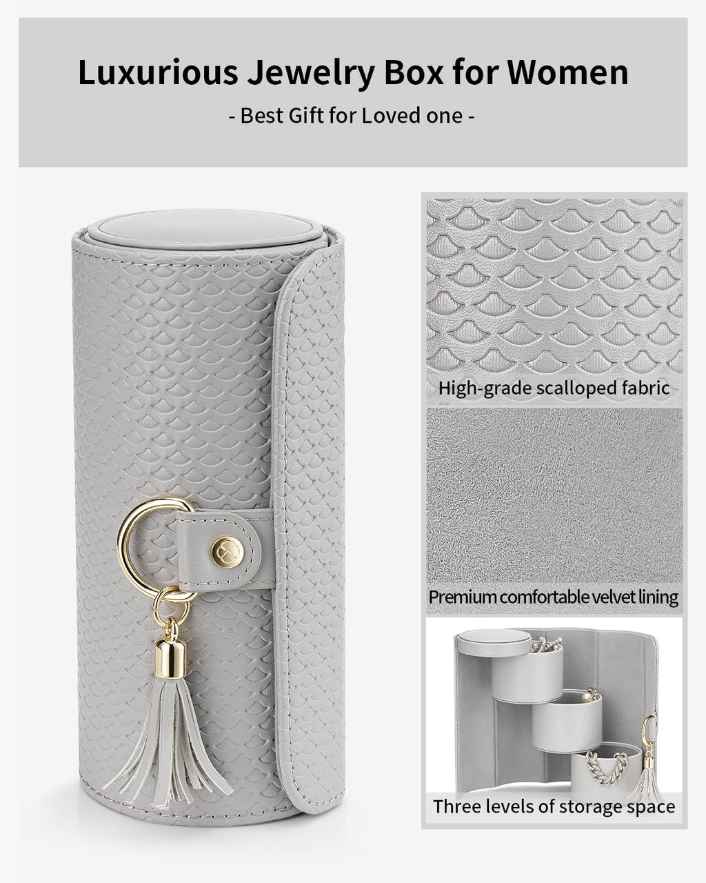 VLANDO Gifts 2026 for Women, Girl - Travel Jewelry Oragnizer, 3-Layer Jewelry Storage Box, Travel Essential Accessories for Women, Birthday Gifts for Couples Mom Friends - Grey