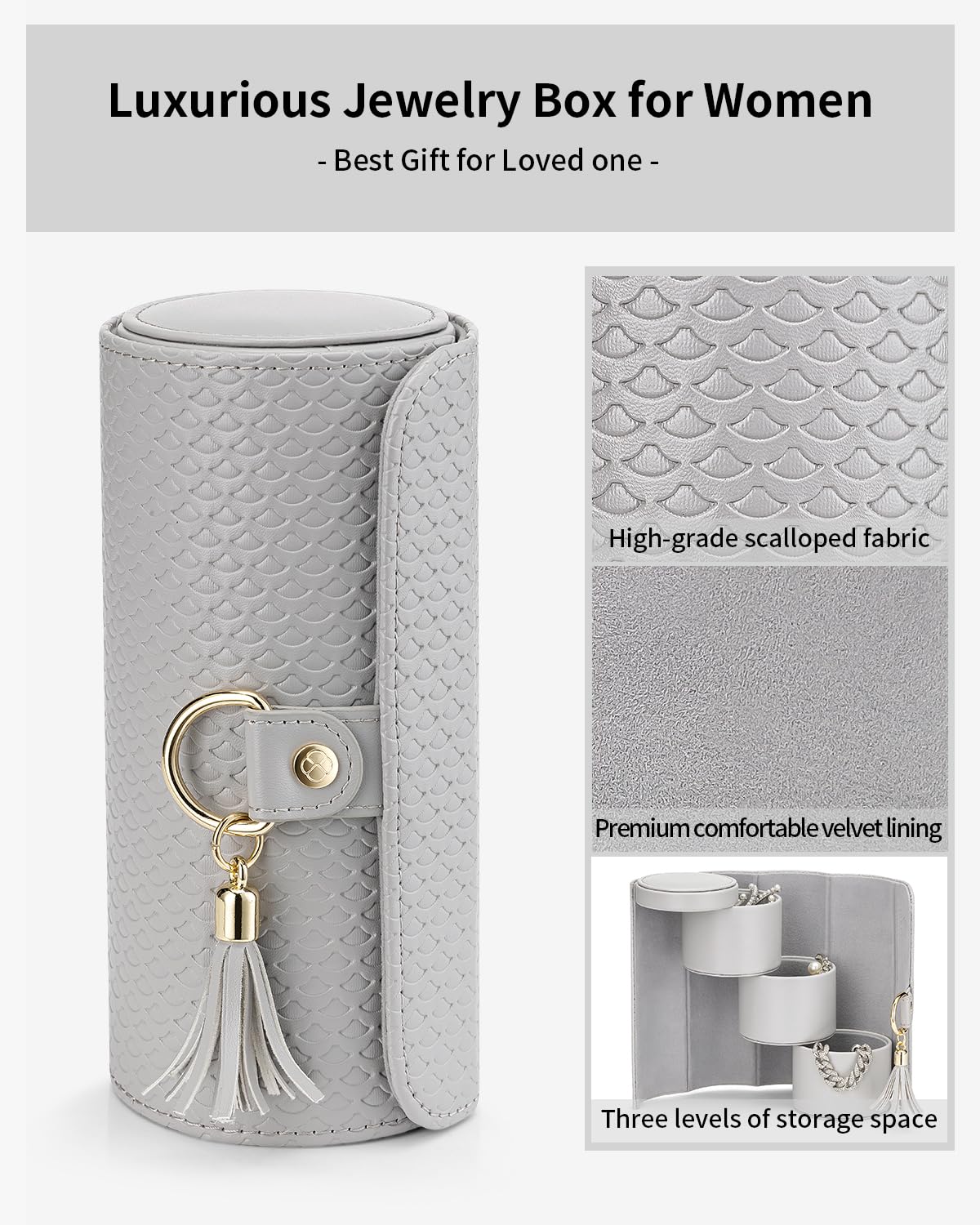 VLANDO Gifts 2026 for Women, Girl - Travel Jewelry Oragnizer, 3-Layer Jewelry Storage Box, Travel Essential Accessories for Women, Birthday Gifts for Couples Mom Friends - Grey
