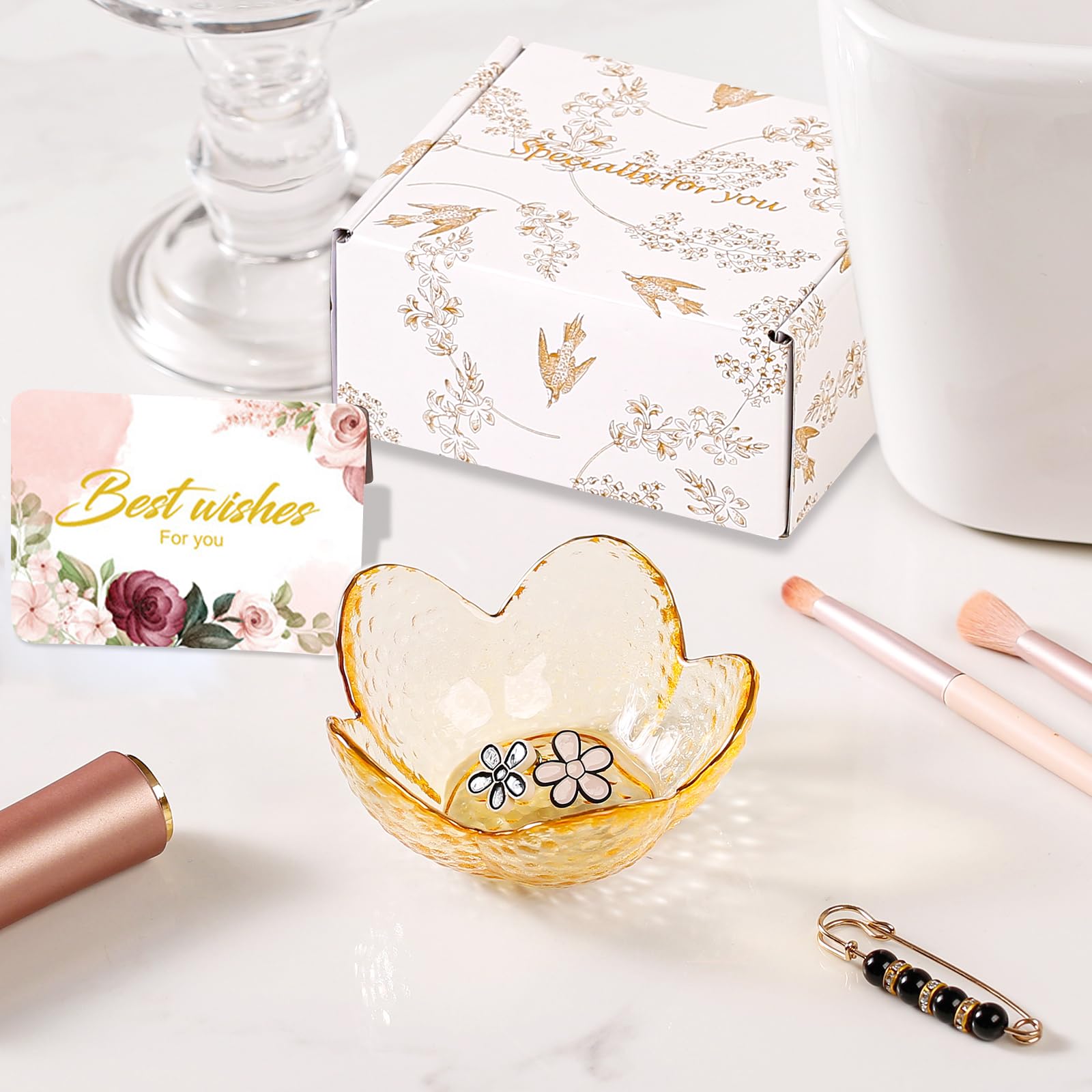 Purple Flower Jewelry Dish Glass Ring Holder Dish Jewelry Tray Cute Vanity Organizer Aesthetic Nightstand Bathroom Room Decor Trinket Dish Mothers Day Friendship Christmas Birthday Gifts for Women