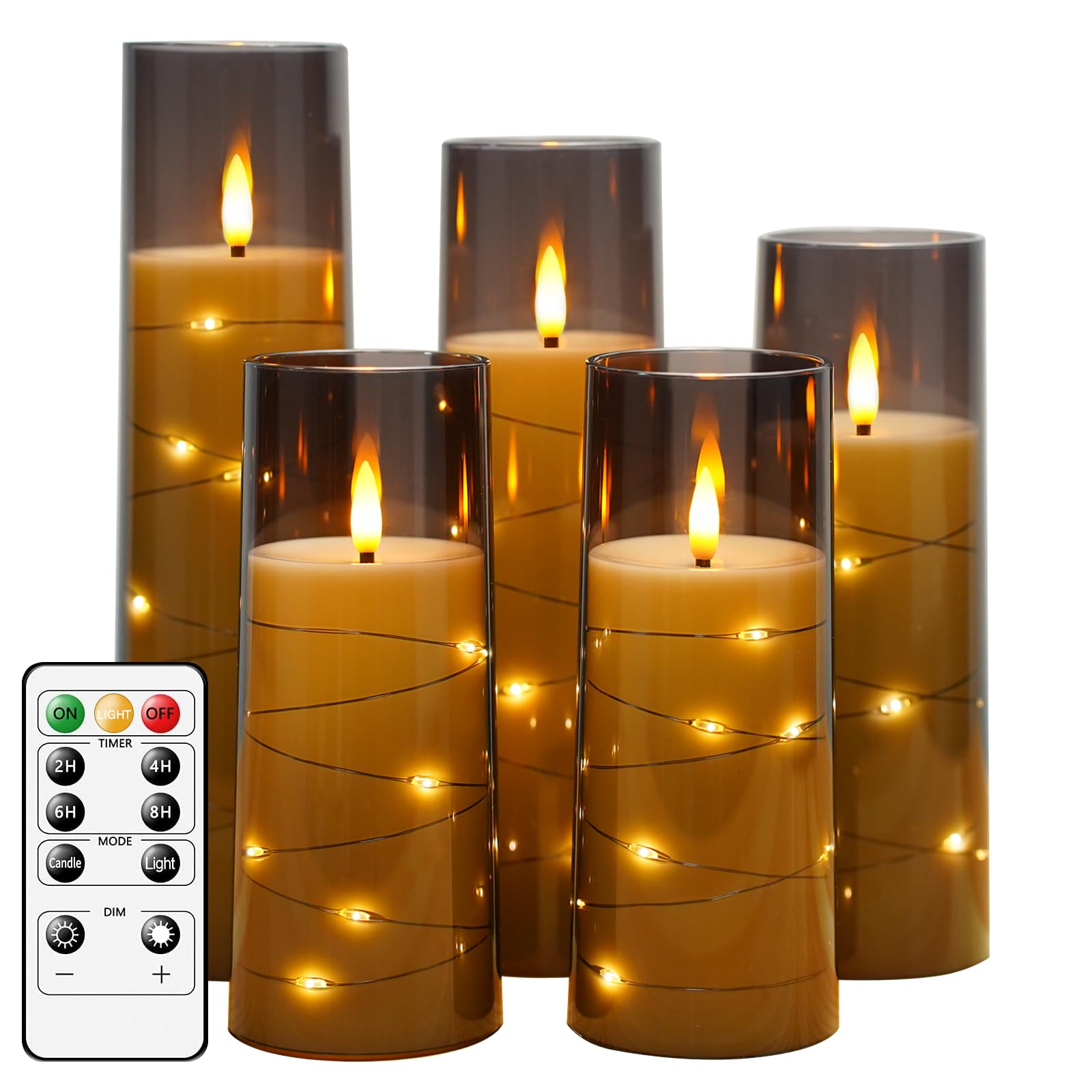 kakoya Flameless LED Candles with Timer 5 Pc Flickering Flameless Candles for Romantic Ambiance and Home Decoration Stable Acrylic Shell,with Embedded Star String，Battery Operated Candles（Red）