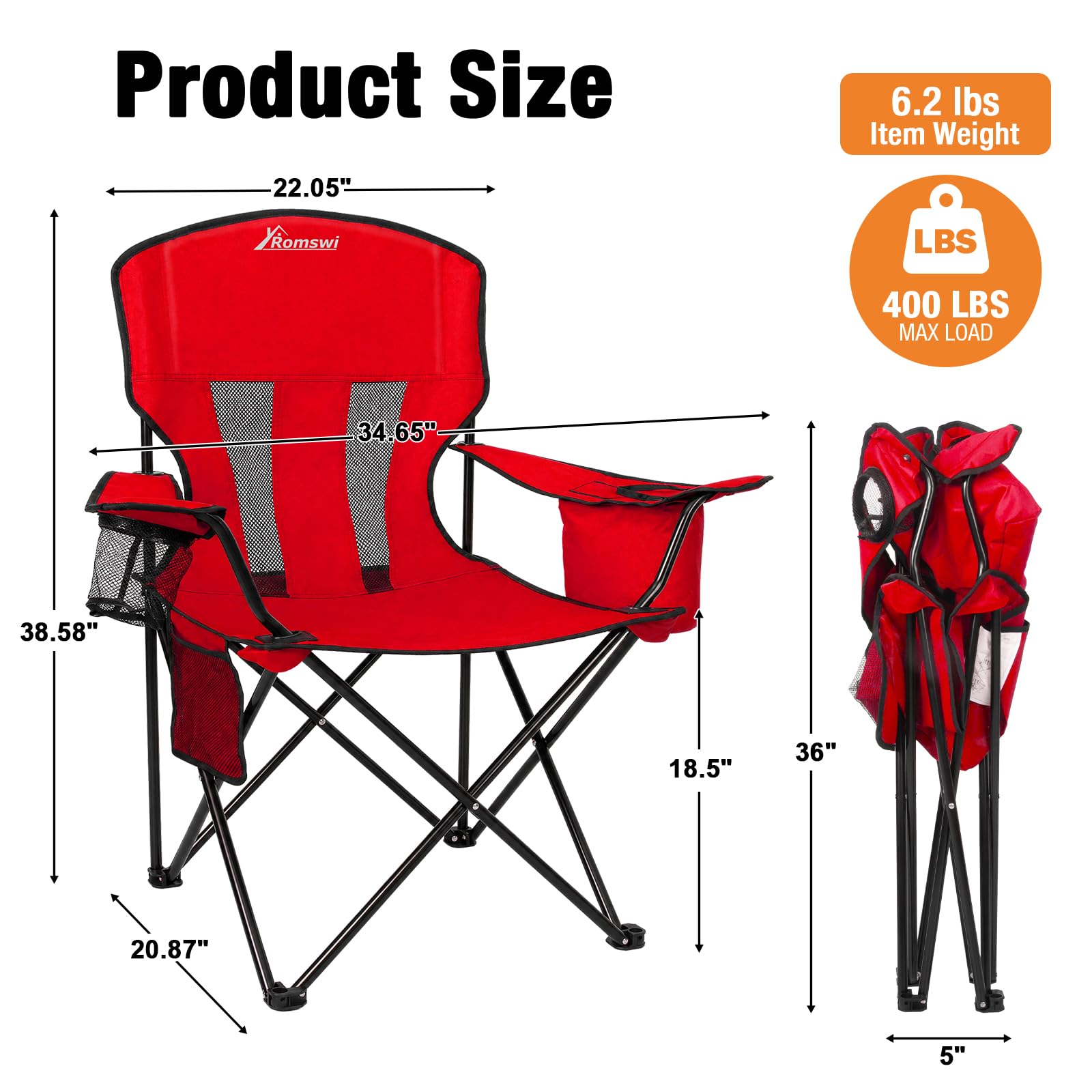 Camping Chairs for Adults 2 Pack, Folding Chair with 4-Can Cooler Bag & Cup Holder, Portable Heavy Duty Outdoor Chair with Mesh Back for Camping, Beach, Lawn, Fishing, Blue