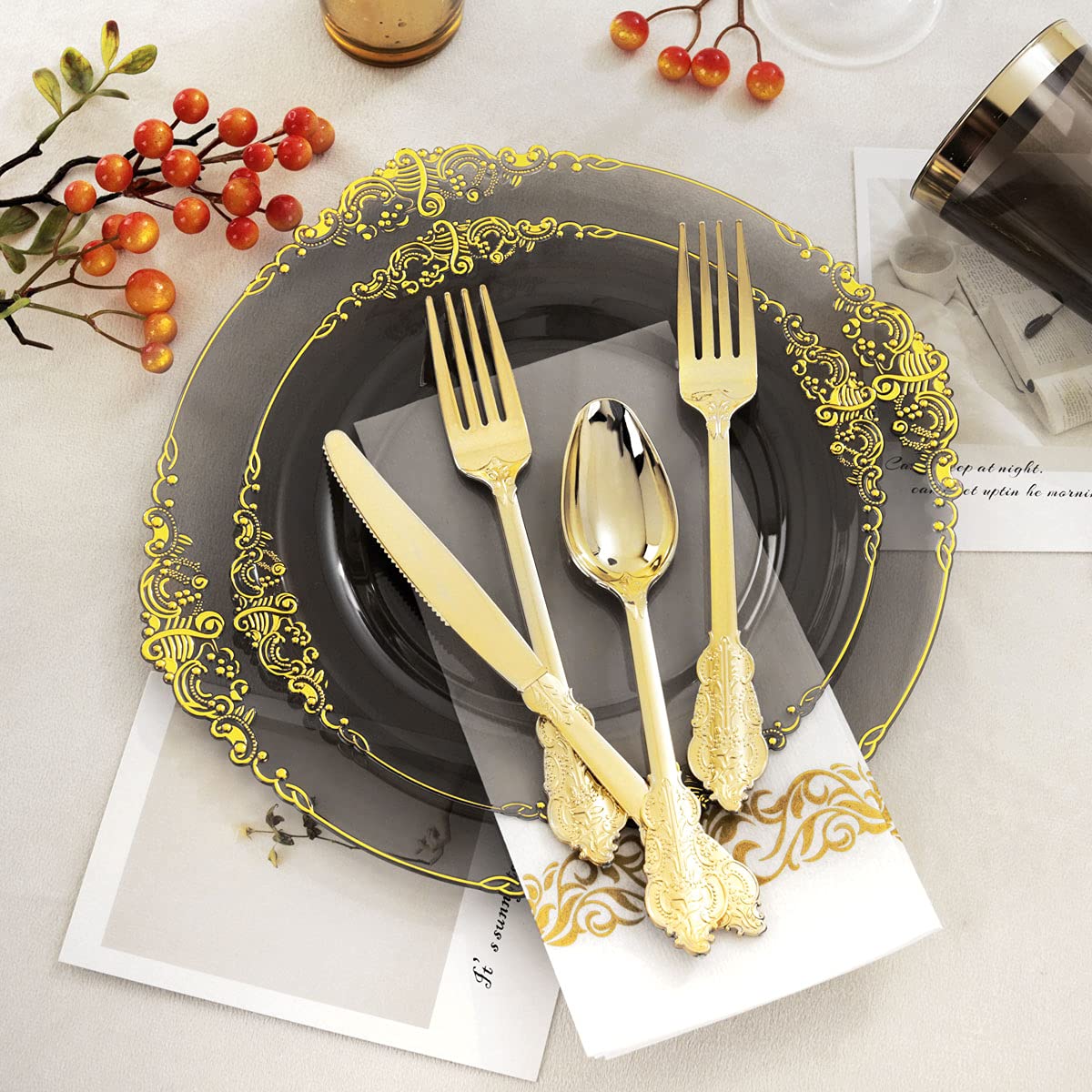 Nervure 175PCS Clear Blue Plastic Plates - Plastic Dinnerware Set Include 25Dinner Plates, 25Dessert Plates, 25Cups, 25Forks, 25Knives, 25Spoons, 25Napkins Perfect for Wedding & Party