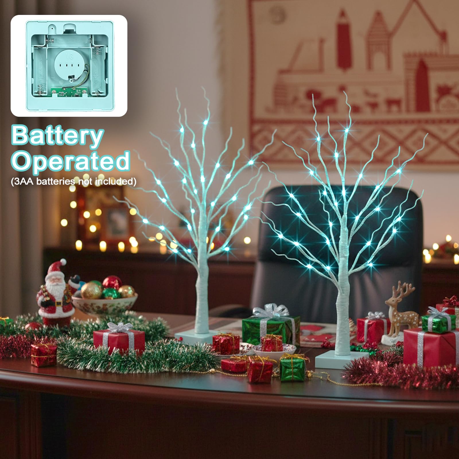 PEIDUO Home Decor, 2FT Birch Tree with LED Lights, Warm White Light up Tree Lamp, Artificial Trees for Home Table Inside, Battery Powered, Timer (2PK)